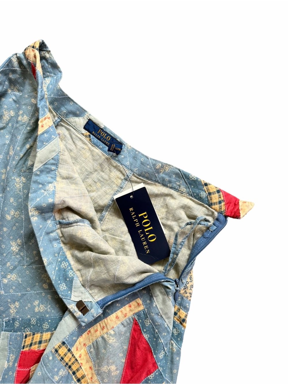 NWT rare Vtg Polo Ralph Lauren Light Blue Patchwork A-Line folk quilt Midi Skirt - Picture 3 of 6